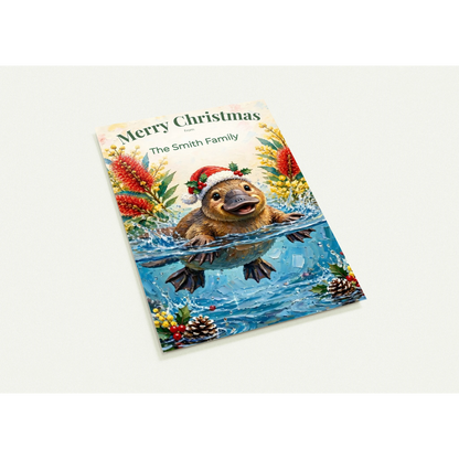 Personalised Christmas Postcards Pack of 10 with Envelopes, Custom Name Platypus Christmas Postcard, Australian Animals Xmas