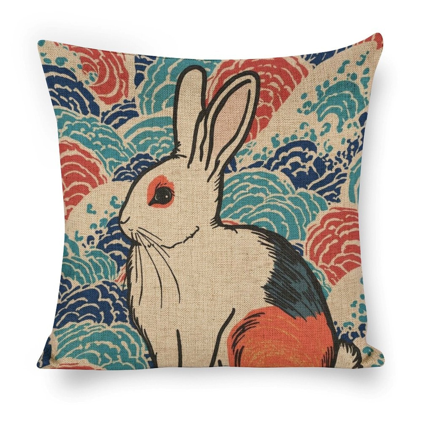 Vivid Rabbit Linen Cushion Pillow Cover — Double-Sided Print, 45×45cm rice white 18"×18"