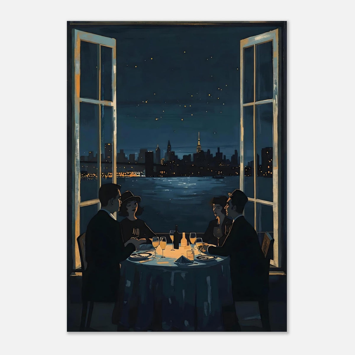 Midnight Rendezvous Fine Art Poster - Evocative Cityscape Dining Art Print