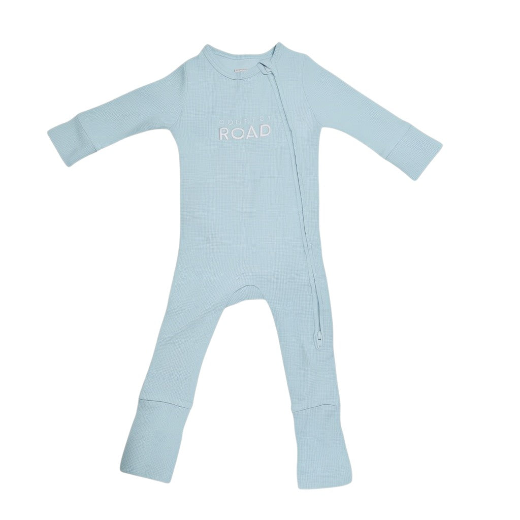 Amare Tutto Country Road light blue waffle knit baby one-piece with long sleeves and side zipper closure