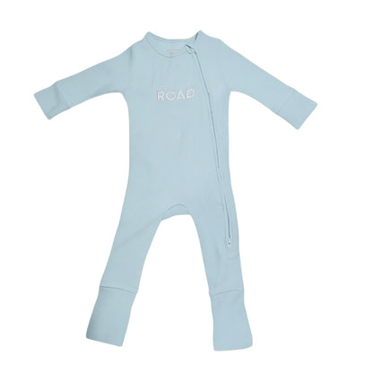 Amare Tutto Country Road light blue waffle knit baby one-piece with long sleeves and side zipper closure
