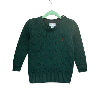 Amare Tutto dark green cable-knit polo sweater for toddlers, featuring a crew neck and shoulder button detail.