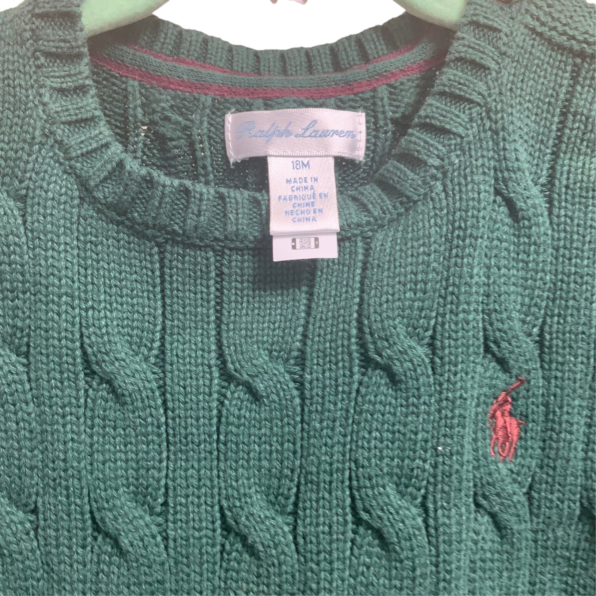 Amare Tutto green cable knit polo sweater for 18 month old toddlers with a red embroidered logo