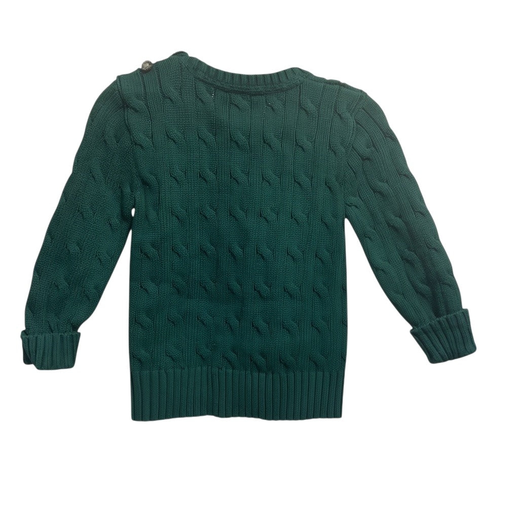 Amare Tutto green cable knit polo sweater for toddlers with button shoulder detail and ribbed cuffs