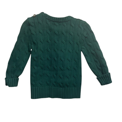 Amare Tutto green cable knit polo sweater for toddlers with button shoulder detail and ribbed cuffs