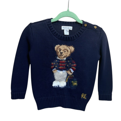 Amare Tutto navy blue knit sweater for 18-month-olds featuring a Polo bear graphic and shoulder button closure.