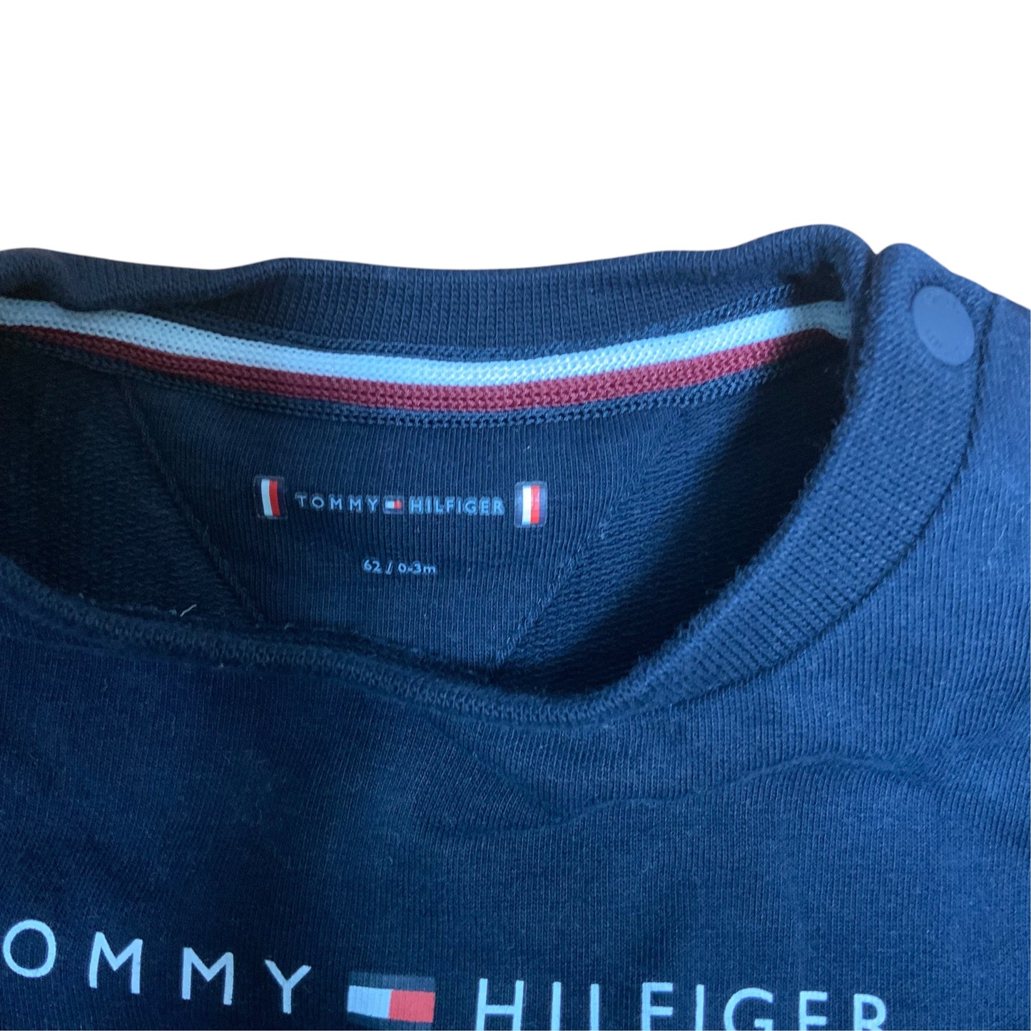 Amare Tutto navy blue Tommy Hilfiger baby tracksuit sweatshirt with ribbed collar and snap button shoulder detail