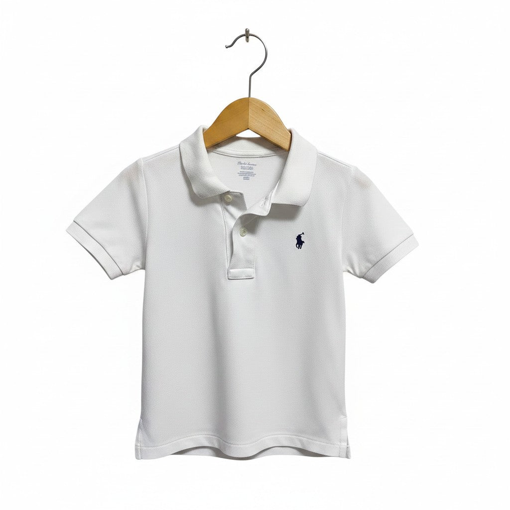 Amare Tutto white Ralph Lauren baby polo shirt with navy embroidered pony logo, collared neck, and two-button placket.
