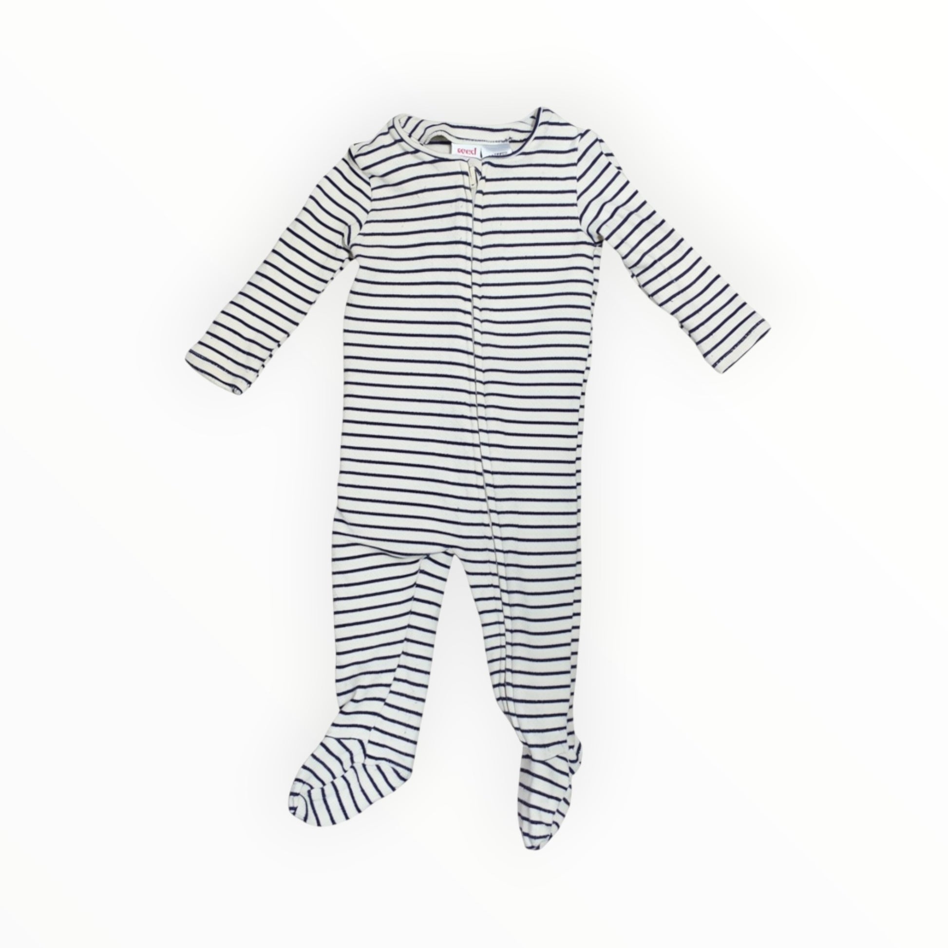 Amare Tutto Seed baby one piece featuring a navy and white striped pattern with long sleeves and footed design.