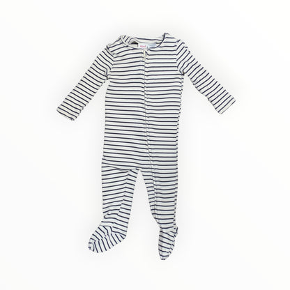 Amare Tutto Seed baby one piece featuring a navy and white striped pattern with long sleeves and footed design.