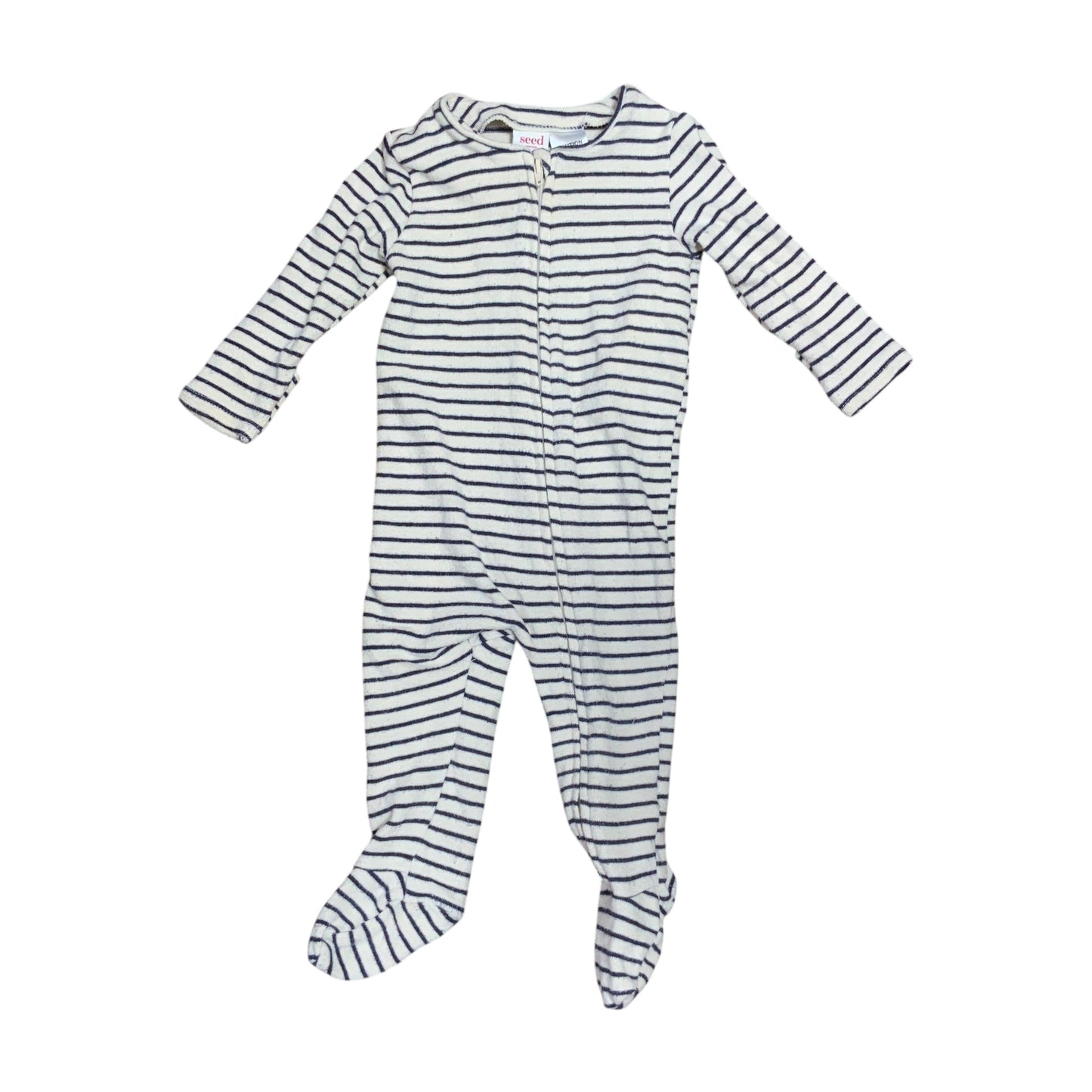 Amare Tutto Seed baby one piece featuring a navy and white horizontal striped pattern with a front zip closure.