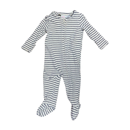 Amare Tutto Seed baby one piece featuring a navy and white horizontal striped pattern with a front zip closure.