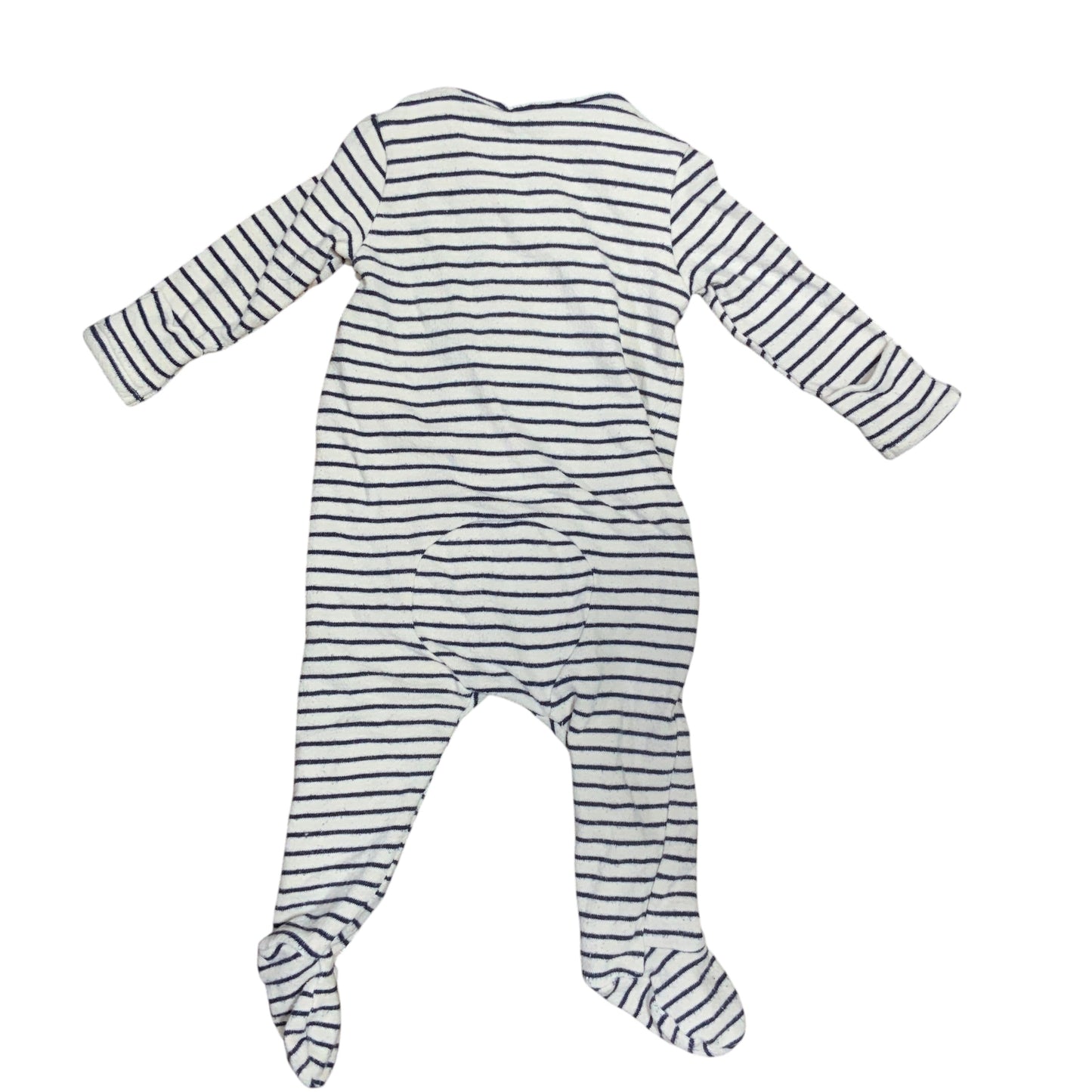 Amare Tutto Seed baby one piece featuring a navy and white horizontal striped pattern with long sleeves and footies.