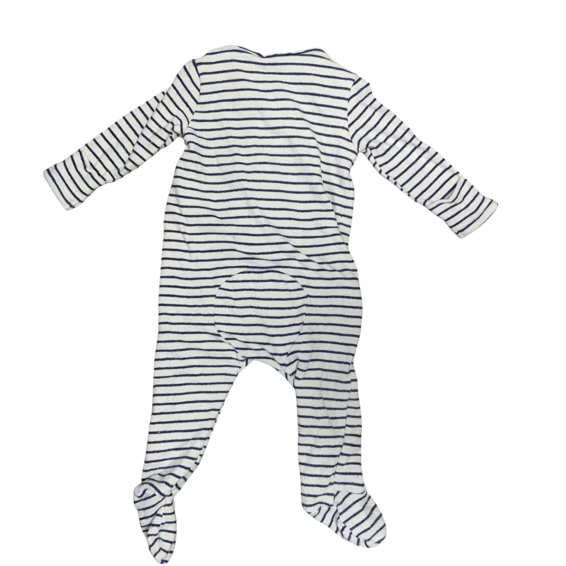 Amare Tutto Seed baby one piece featuring a navy and white horizontal striped pattern with long sleeves and footies.