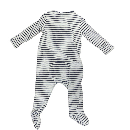 Amare Tutto Seed baby one piece featuring a navy and white horizontal striped pattern with long sleeves and footies.