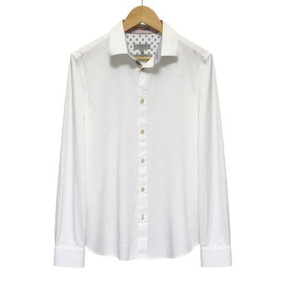 Amare Tutto Ted Baker London white cotton shirt with embossed leaf texture, contrast orange stitching, and collar trim.