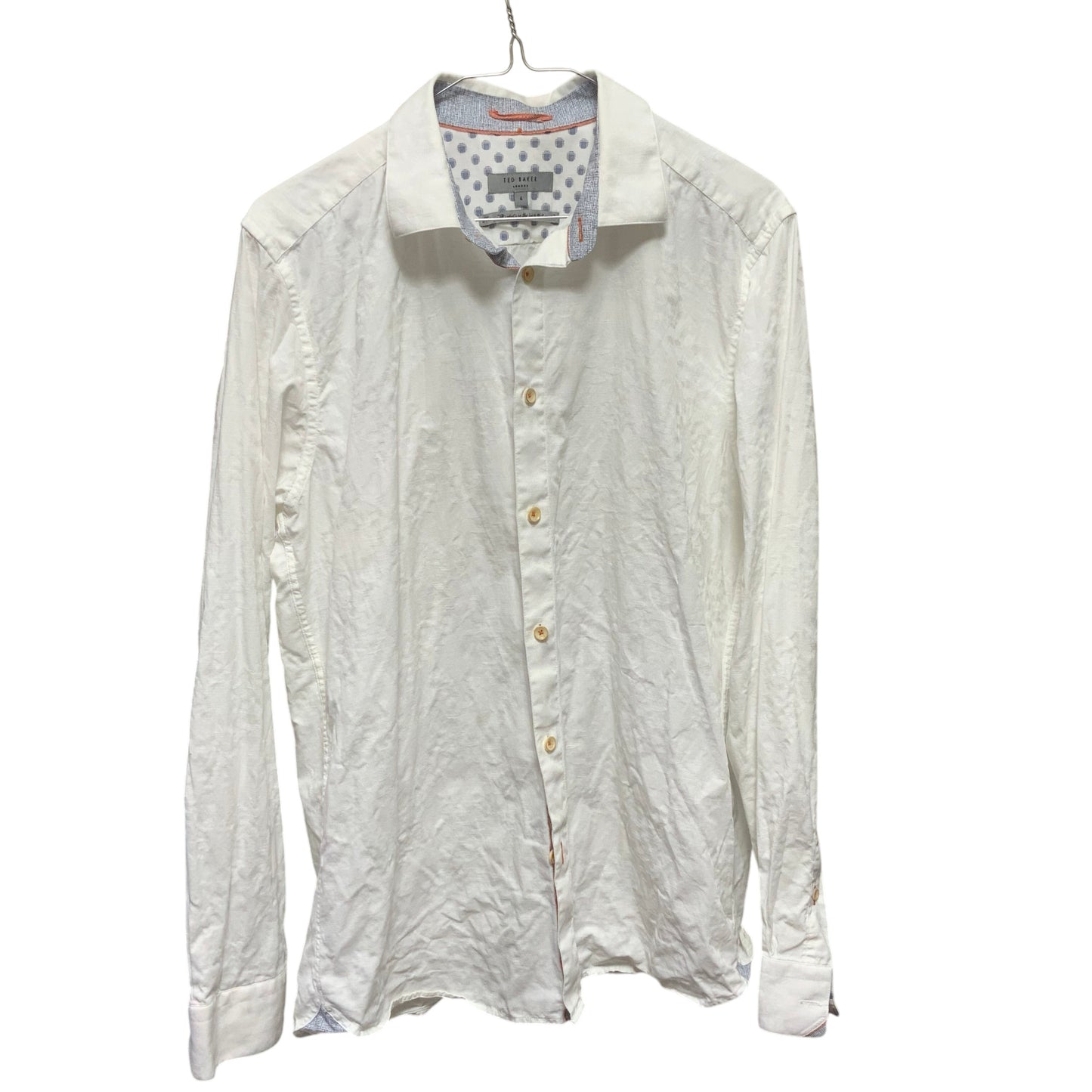 Amare Tutto Ted Baker London white cotton shirt with embossed leaf texture, contrast orange stitching, and trim.