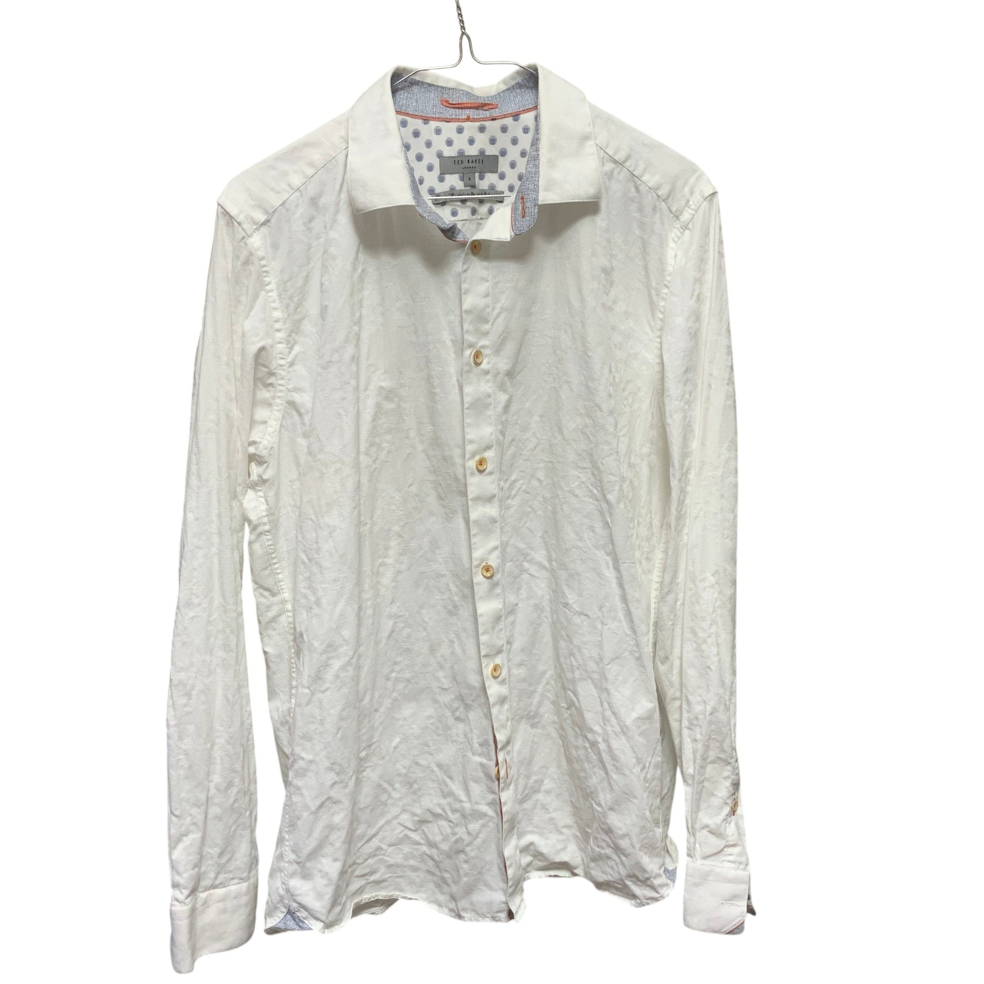 Amare Tutto Ted Baker London white cotton shirt with embossed leaf texture, contrast orange stitching, and trim.