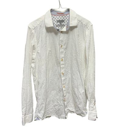 Amare Tutto Ted Baker London white cotton shirt with embossed leaf texture, contrast orange stitching, and trim.