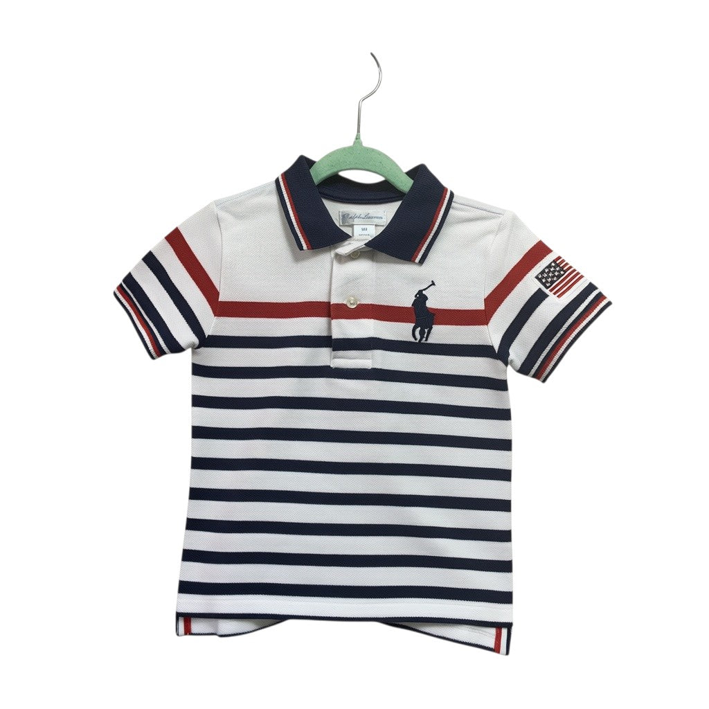 Amare Tutto toddler polo shirt in white with navy and red stripes, featuring a USA flag patch and logo embroidery.