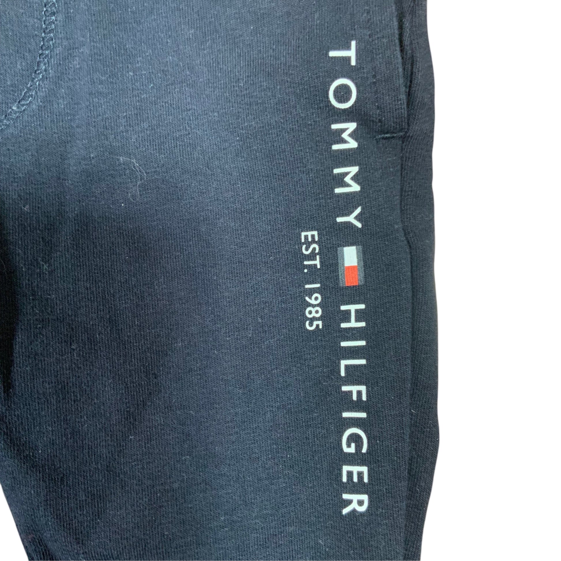 Amare Tutto navy blue Tommy Hilfiger tracksuit fabric with white logo and Est. 1985 text detail