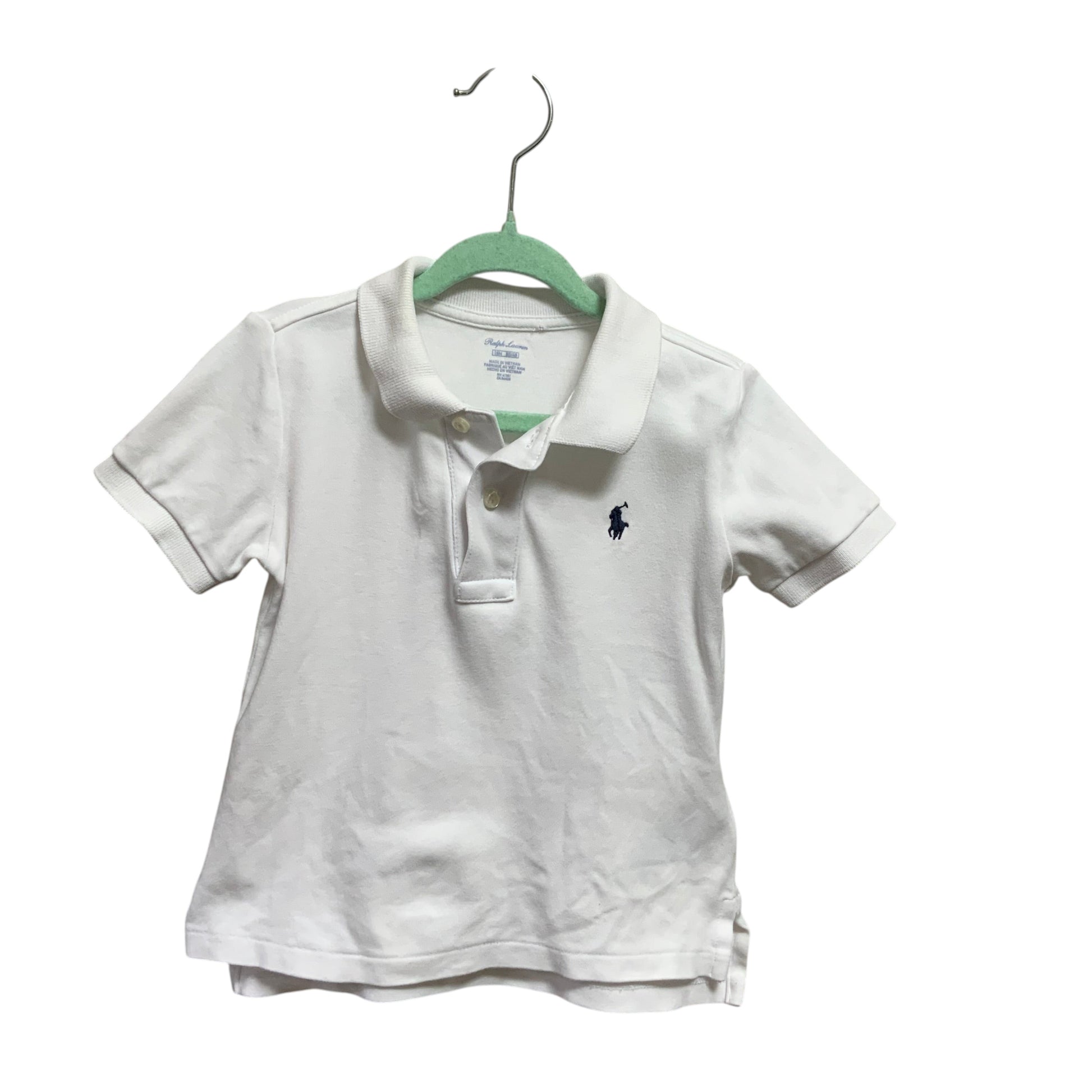 Amare Tutto white Ralph Lauren baby polo shirt with navy embroidered pony logo, short sleeves, and button placket.