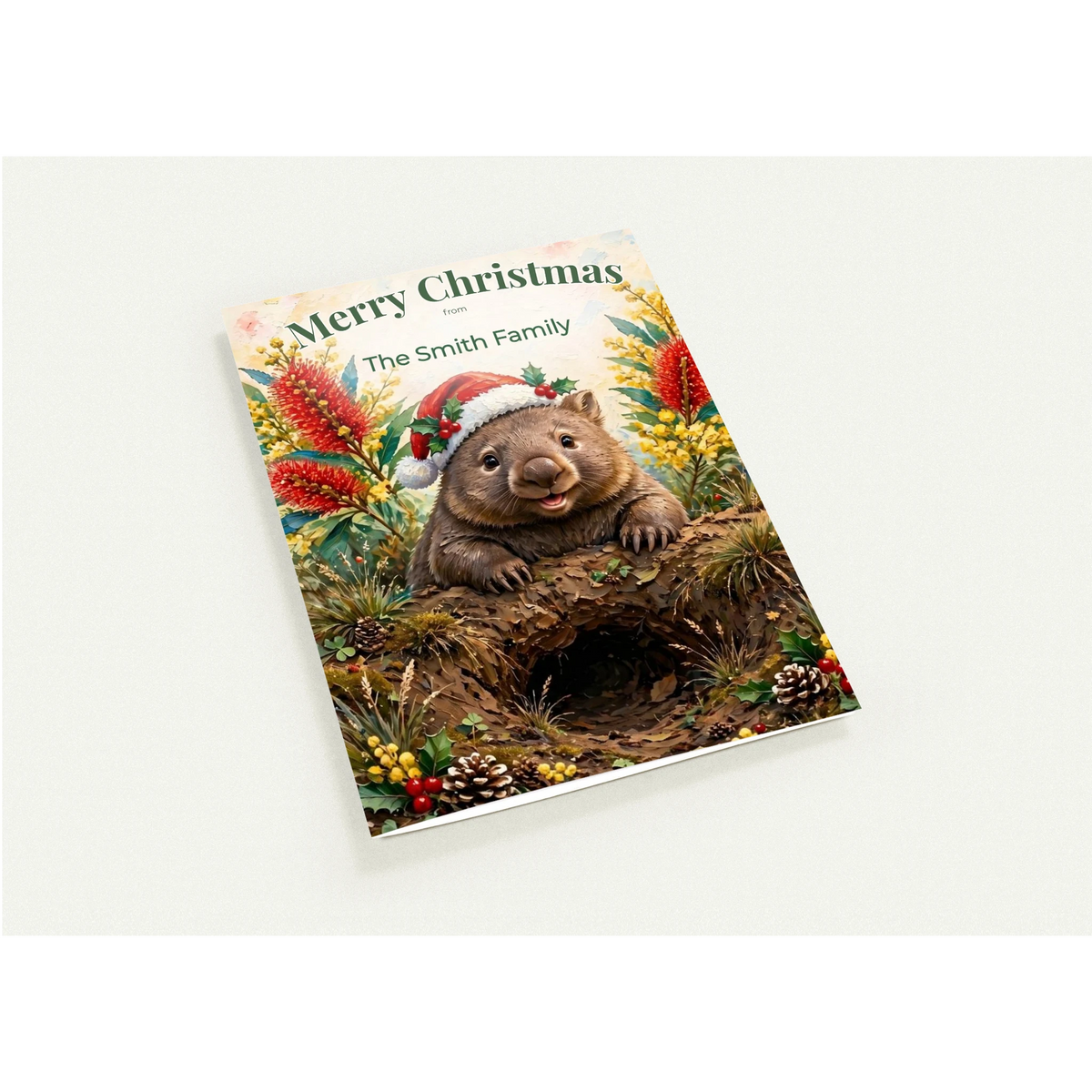 Personalised Christmas Cards Pack of 10 with Envelopes, Custom Family Name Wombat Christmas Card, Australian Animals Xmas (US and CA) Default Title