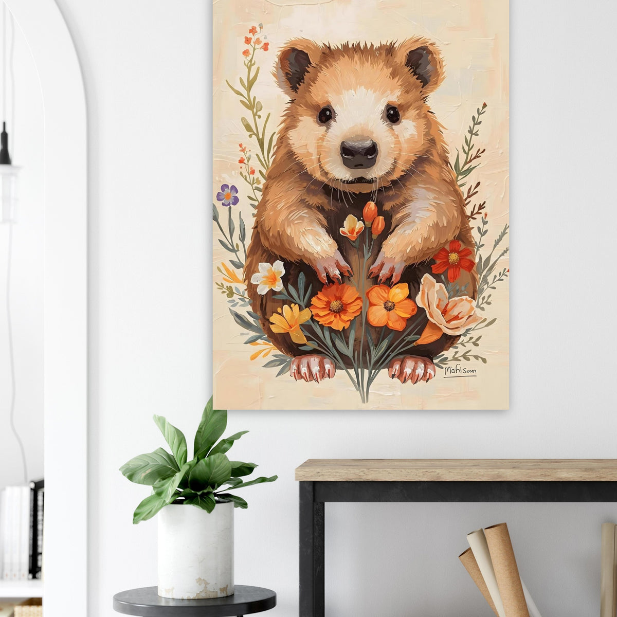 Charming Wildflower Critter Fine Art Poster in Warm Earthy Tones