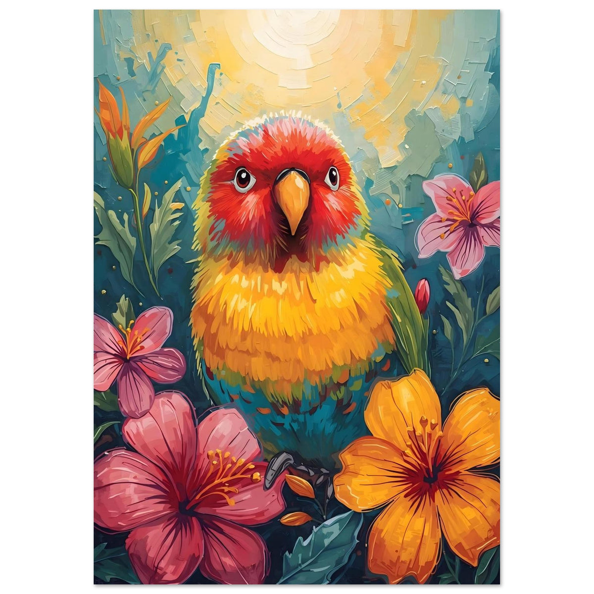 Tropical Parrot Paradise Fine Art Poster - Vivid Abstract Bird & Floral Wall Decor A3 (29.7 x 42 cm)
