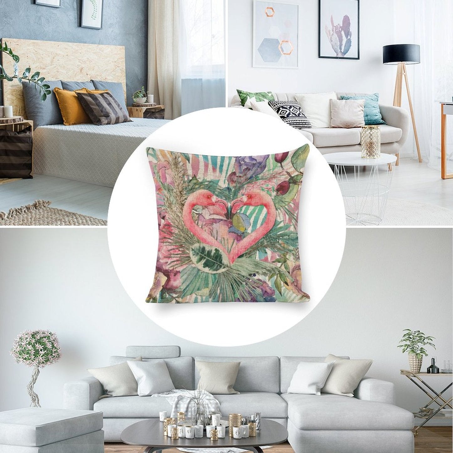 Flamingo Pair Linen Cushion Pillow Cover — Double-Sided Print, 45×45cm