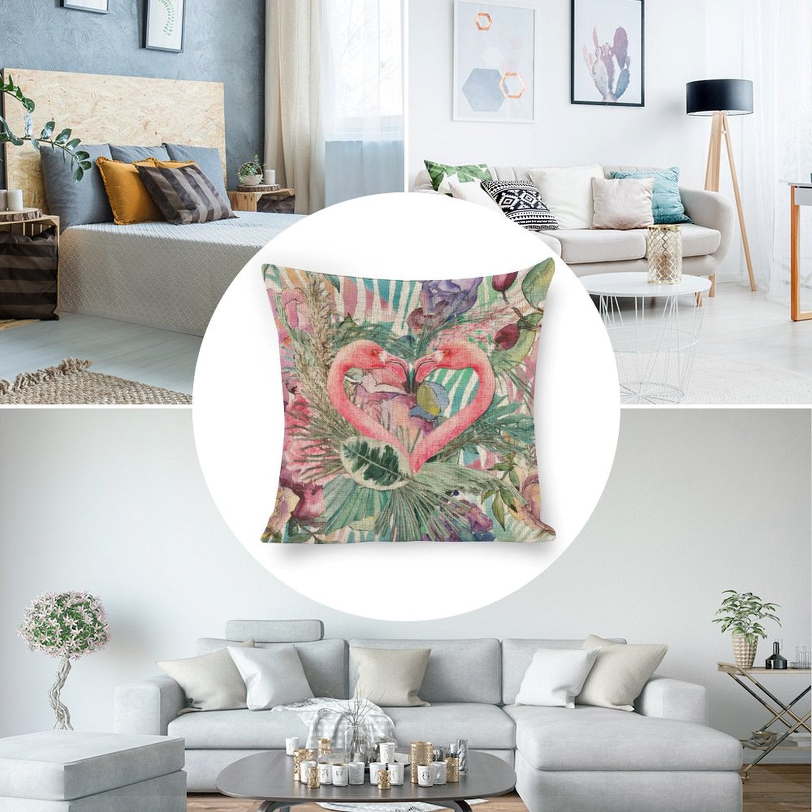 Flamingo Pair Linen Cushion Pillow Cover — Double-Sided Print, 45×45cm