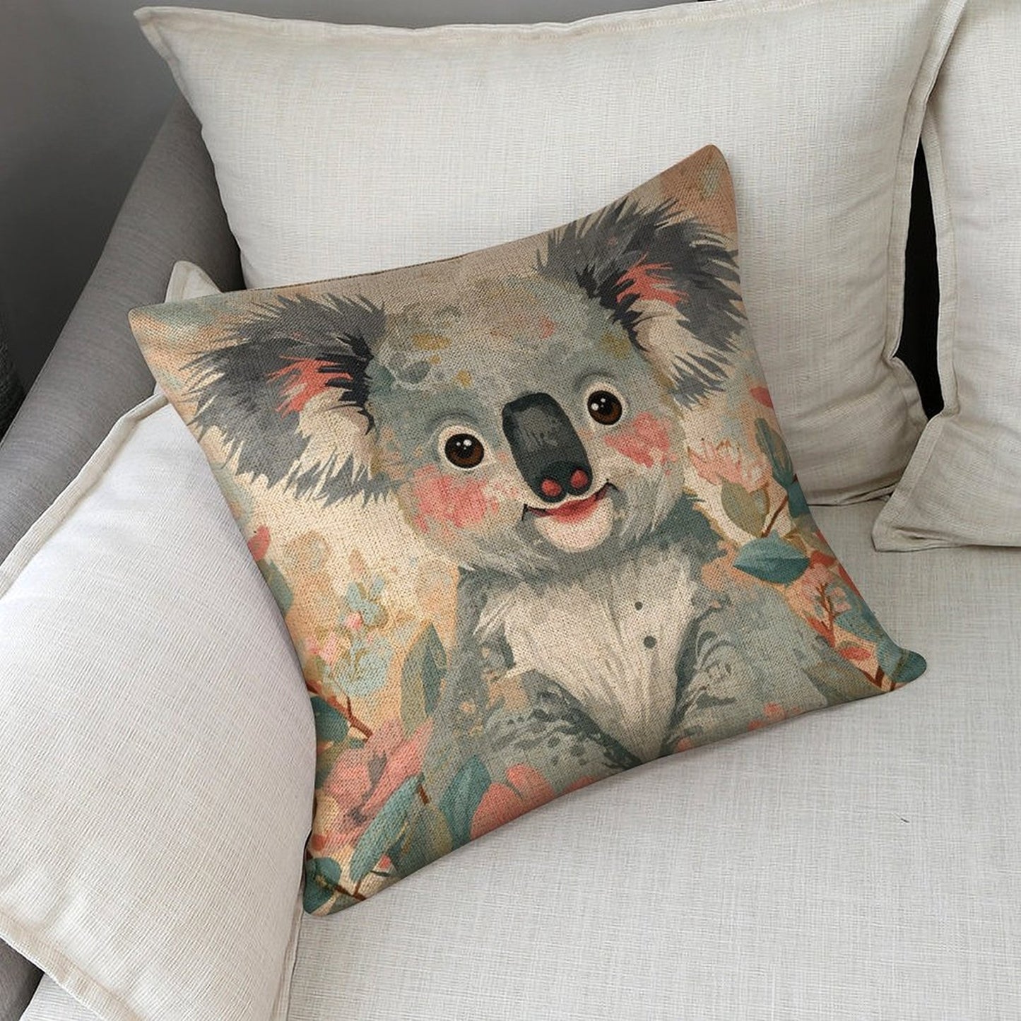 Koala in Bloom Linen Cushion Pillow Cover — Double-Sided Print, 45×45cm