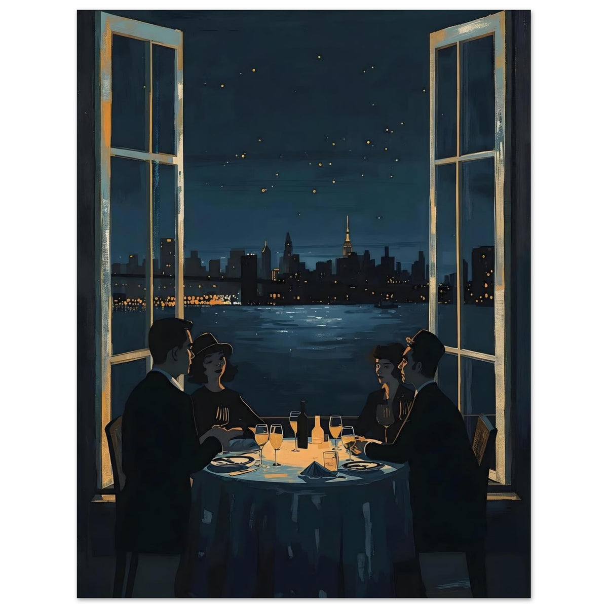 Midnight Rendezvous Fine Art Poster - Evocative Cityscape Dining Art Print 27x35 cm 11x14″