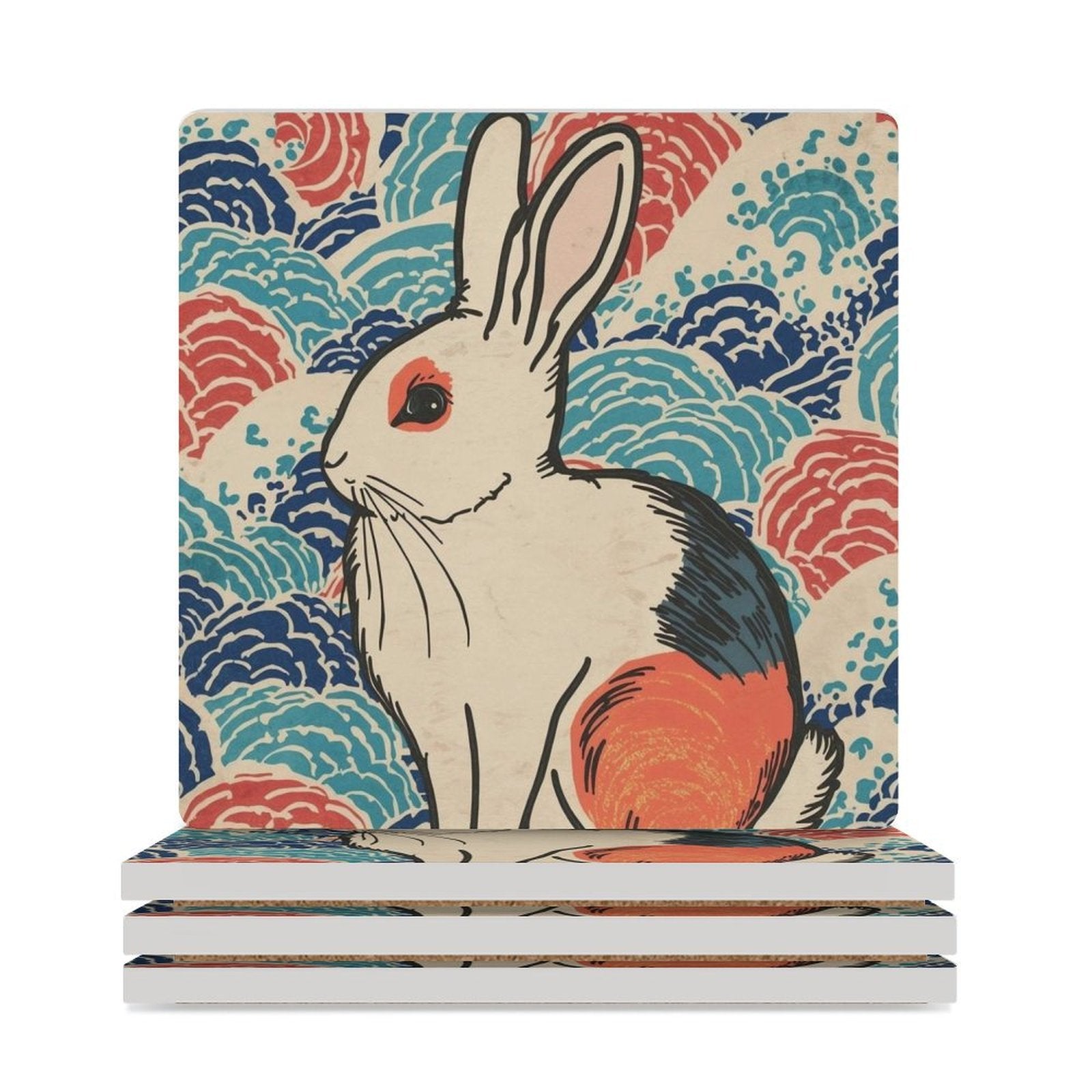 Vivid Rabbit Japanese Ukiyo-e Inspired Ceramic Coasters (Set of 4 or 6) white