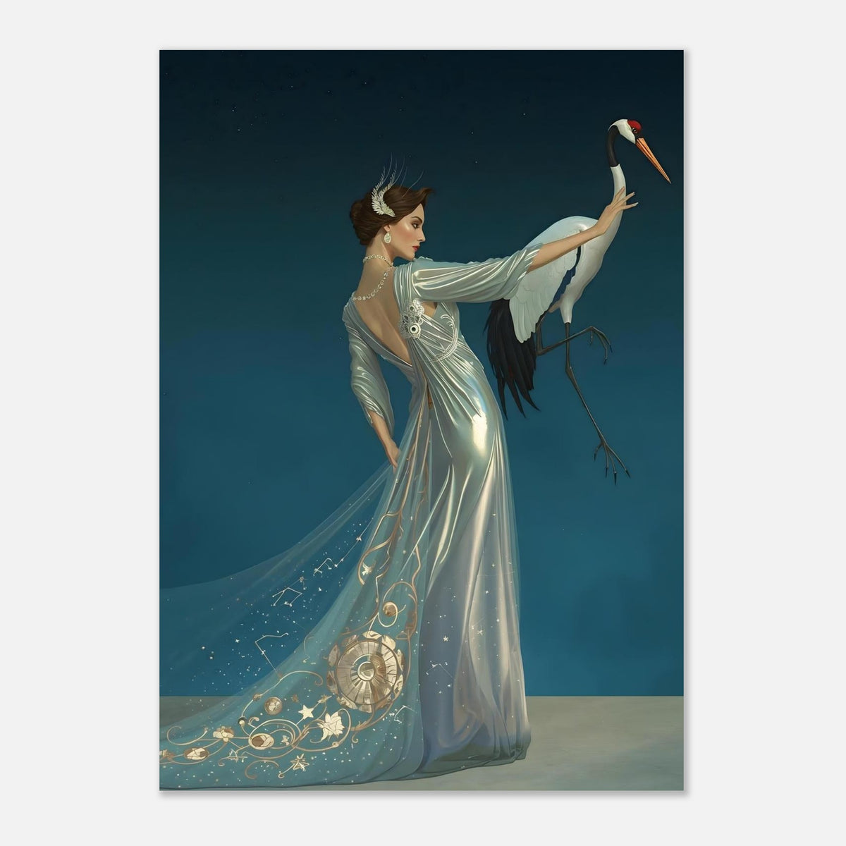 Celestial Elegance Crane & Stargazer Fine Art Poster – A Vision of Myth & Beauty