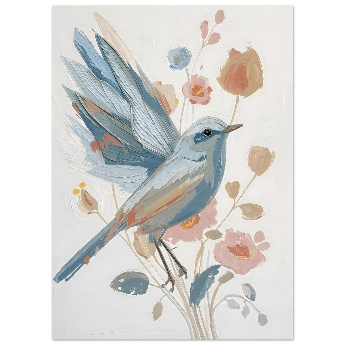 Abstract Impressionist Bird & Blossom Fine Art Poster - Soft Blue & Blush Hues 13x18 cm 5x7″