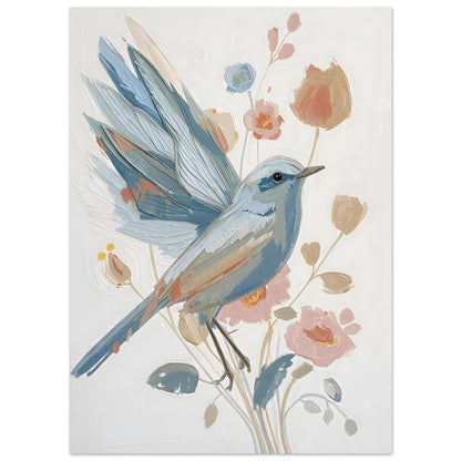 Abstract Impressionist Bird & Blossom Fine Art Poster - Soft Blue & Blush Hues 13x18 cm 5x7″