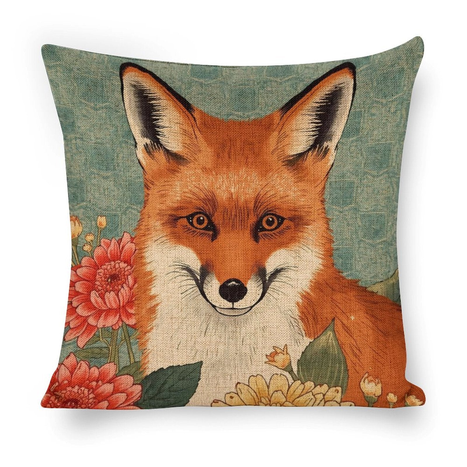Floral Fox Linen Cushion Pillow Cover — Double-Sided Print, 45×45cm rice white 18"×18"