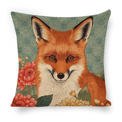 Floral Fox Linen Cushion Pillow Cover — Double-Sided Print, 45×45cm rice white 18"×18"