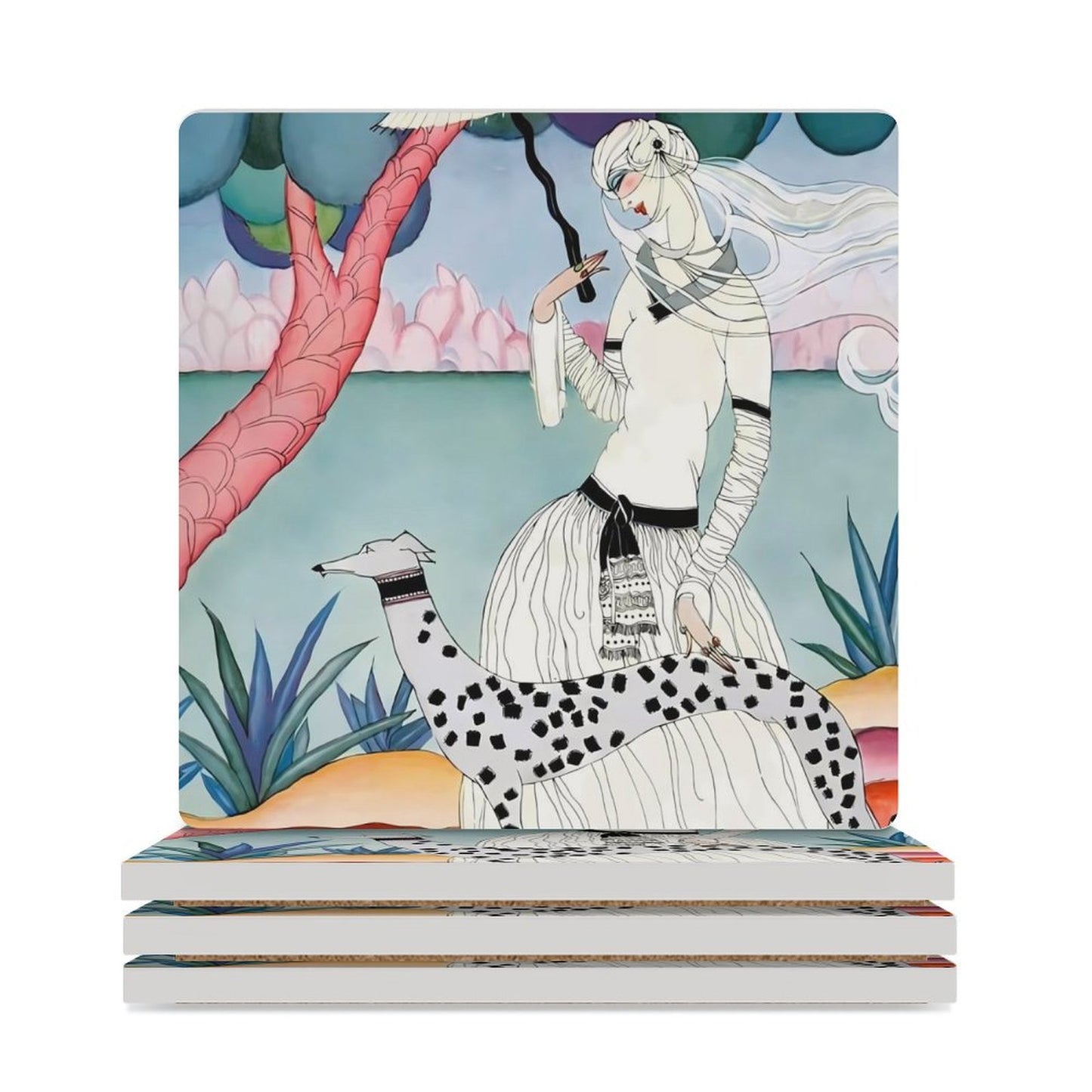 Gentle Companionship Vintage Inspired Lady & Dog Portrait Ceramic Coasters (Set of 4 or 6) white