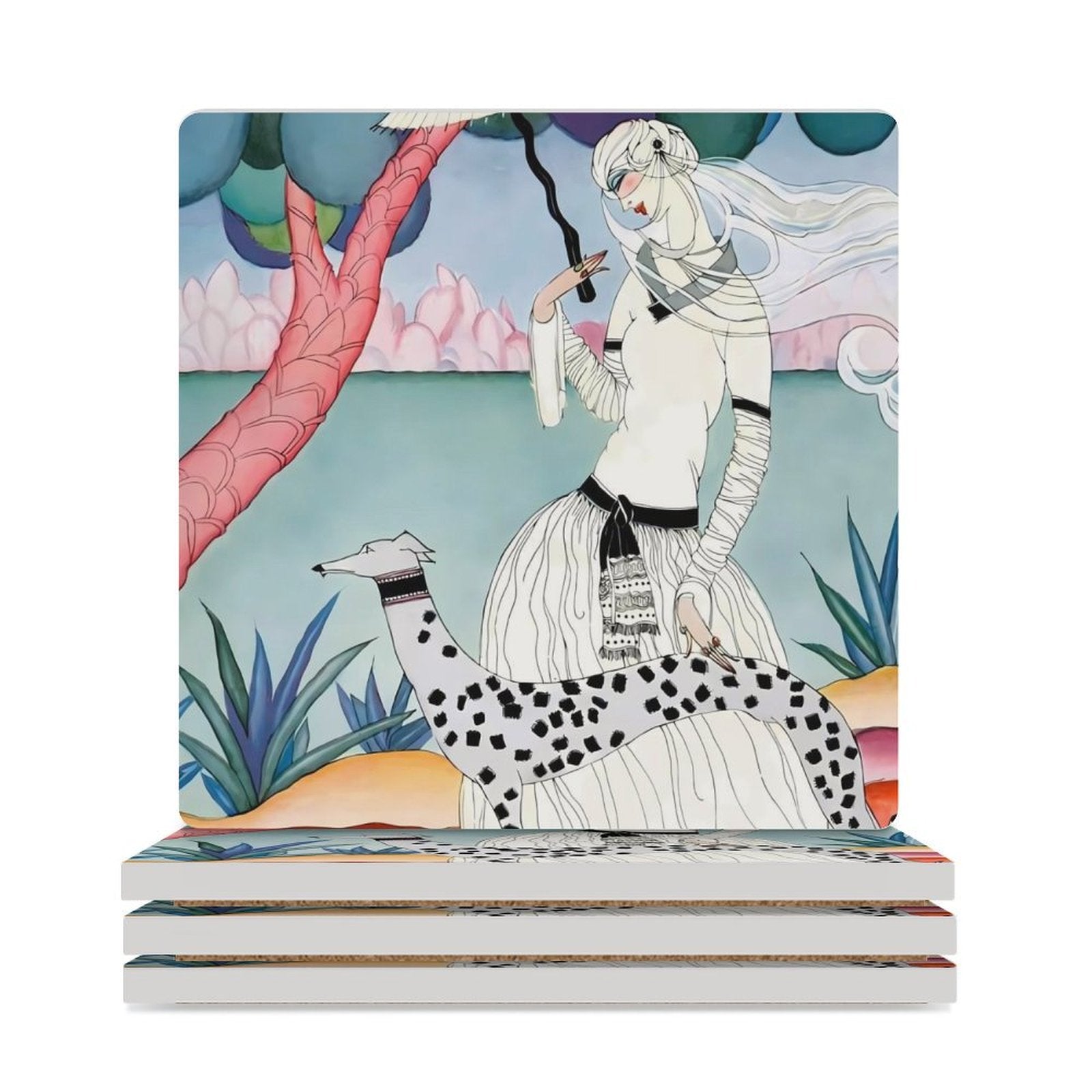 Gentle Companionship Vintage Inspired Lady & Dog Portrait Ceramic Coasters (Set of 4 or 6) white