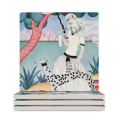 Gentle Companionship Vintage Inspired Lady & Dog Portrait Ceramic Coasters (Set of 4 or 6) white