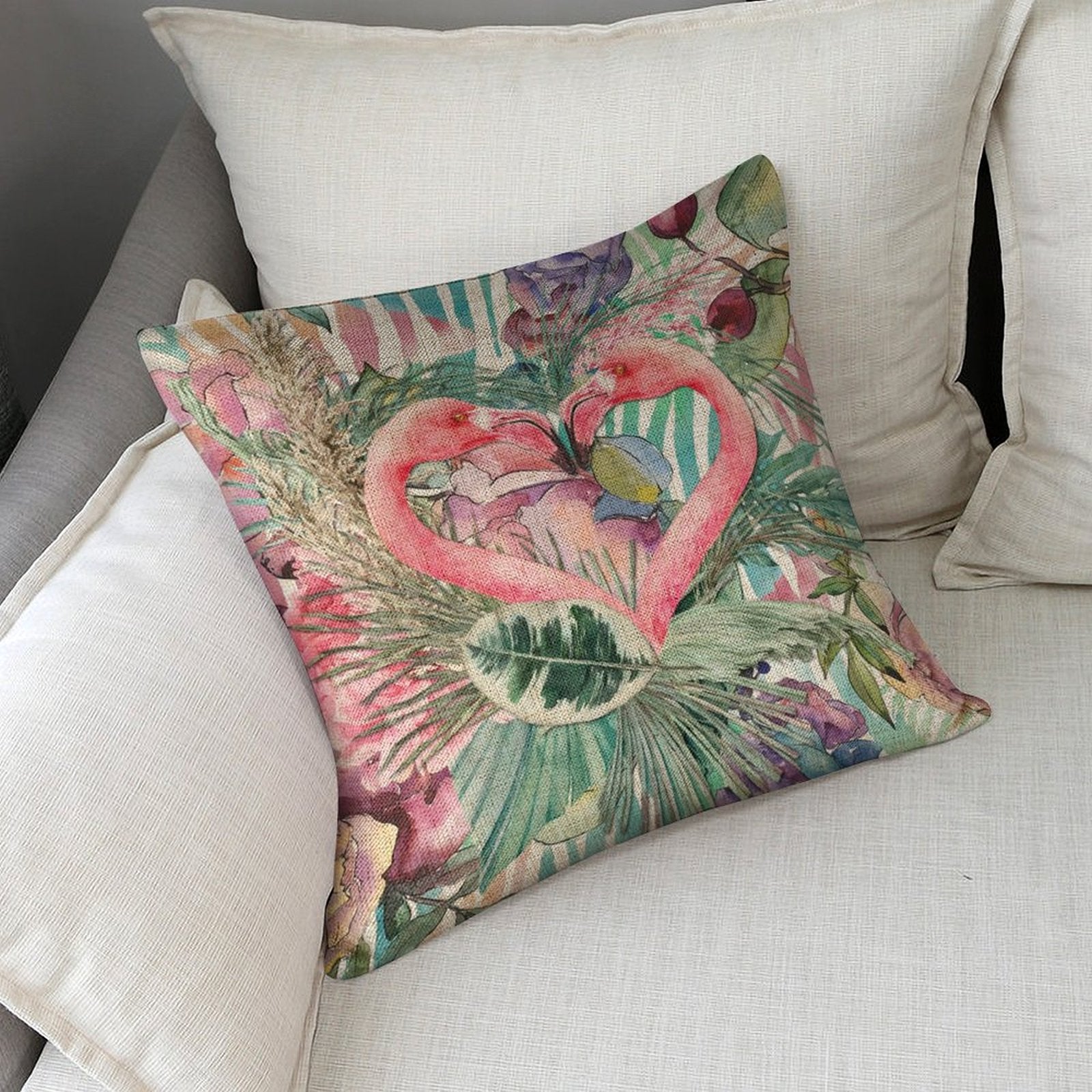 Flamingo Pair Linen Cushion Pillow Cover — Double-Sided Print, 45×45cm