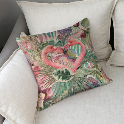 Flamingo Pair Linen Cushion Pillow Cover — Double-Sided Print, 45×45cm