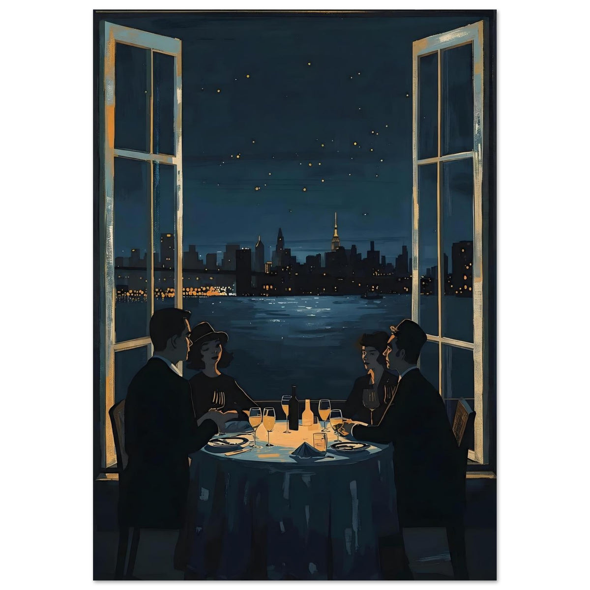 Midnight Rendezvous Fine Art Poster - Evocative Cityscape Dining Art Print A3 (29.7 x 42 cm)
