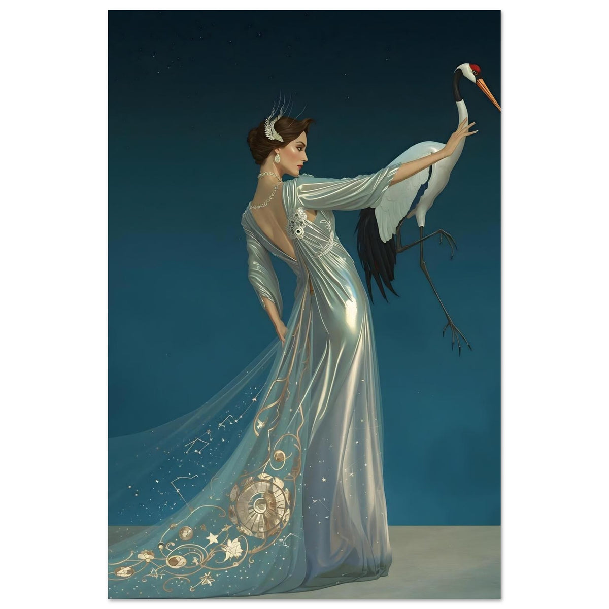 Celestial Elegance Crane & Stargazer Fine Art Poster – A Vision of Myth & Beauty 40x60 cm 16x24″