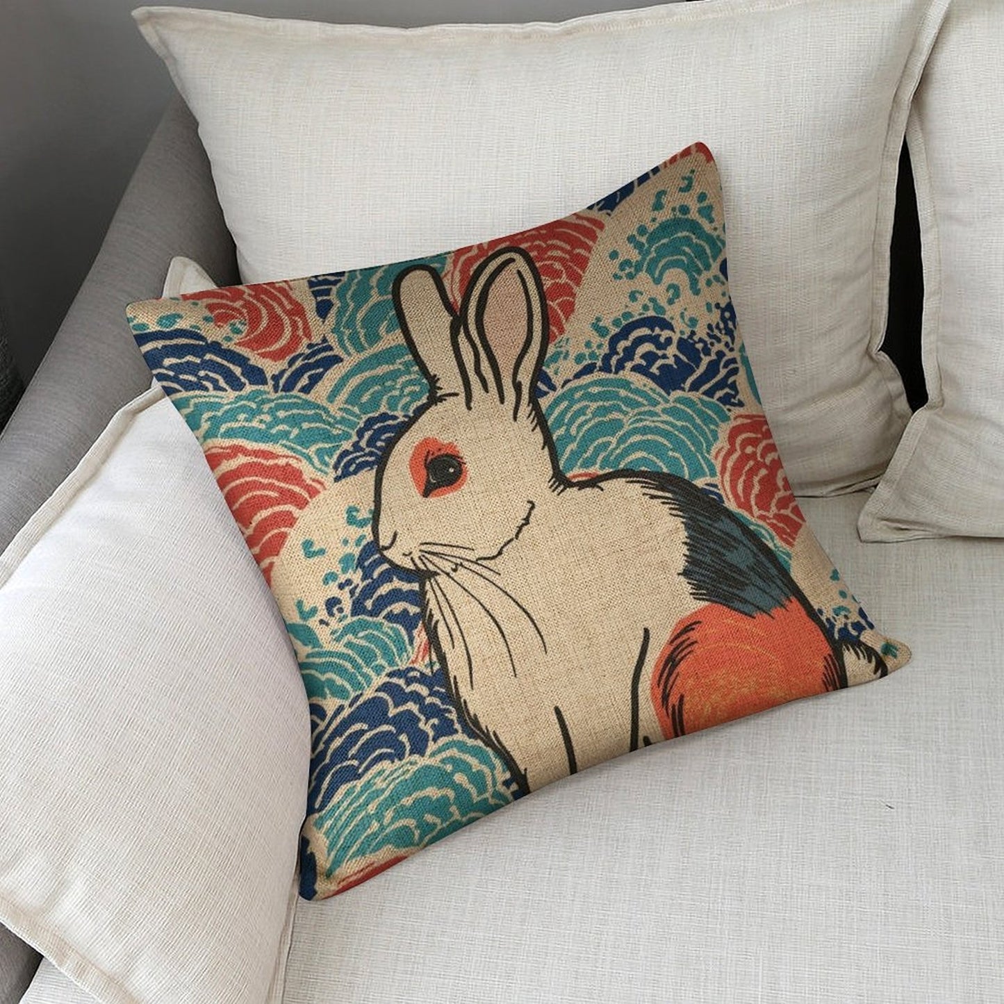 Vivid Rabbit Linen Cushion Pillow Cover — Double-Sided Print, 45×45cm