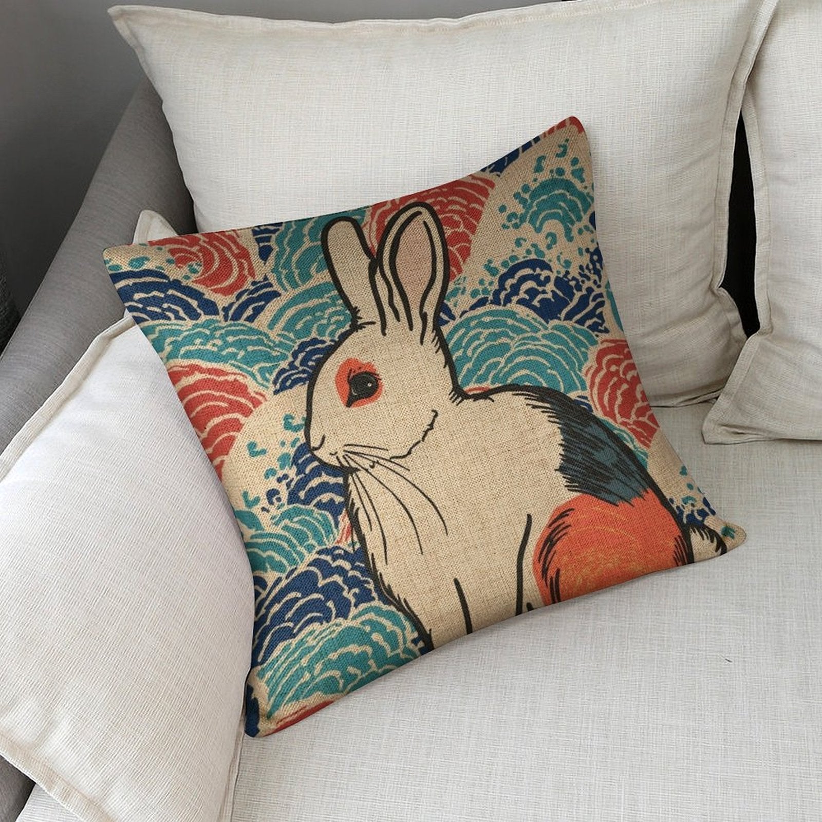 Vivid Rabbit Linen Cushion Pillow Cover — Double-Sided Print, 45×45cm