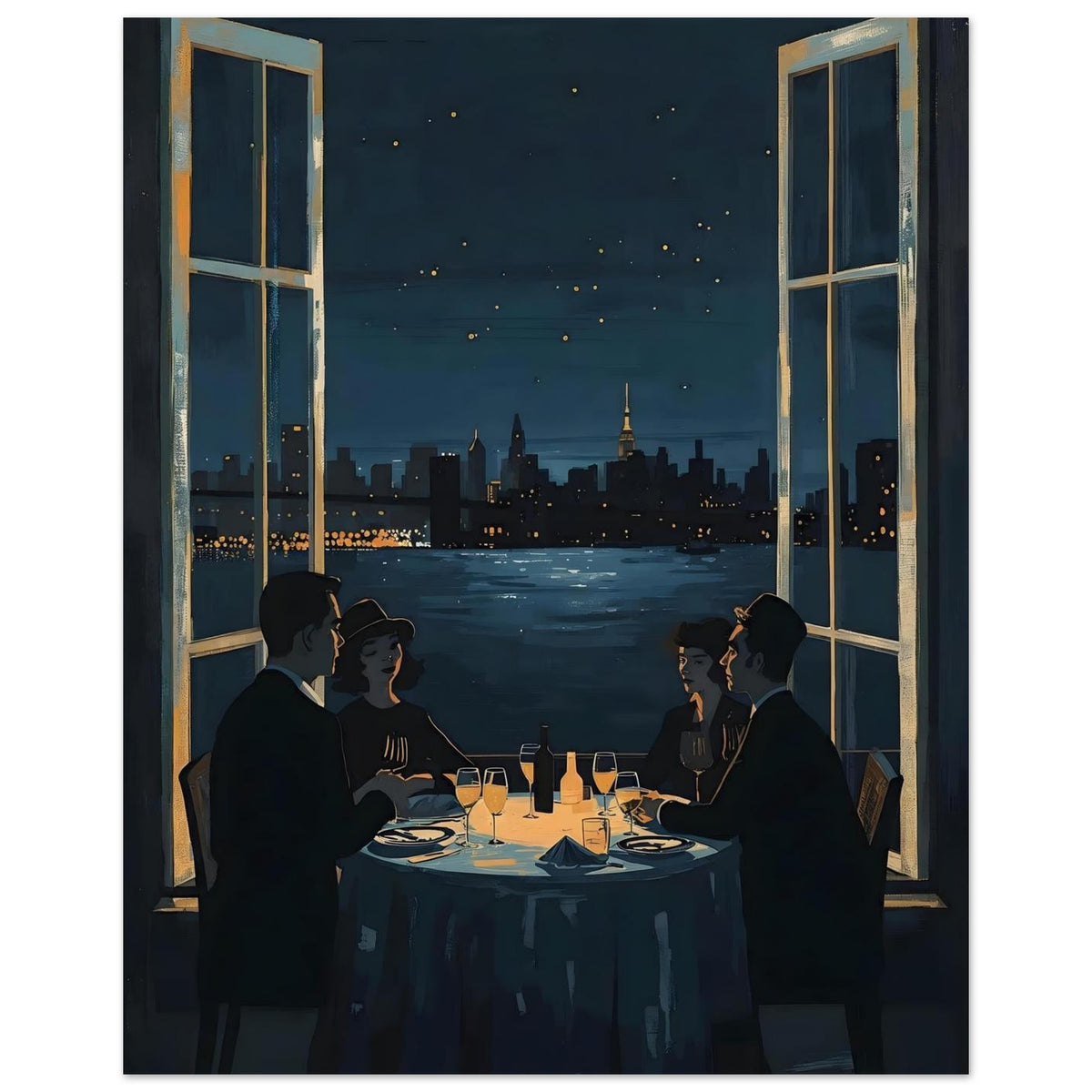 Midnight Rendezvous Fine Art Poster - Evocative Cityscape Dining Art Print 40x50 cm 16x20″