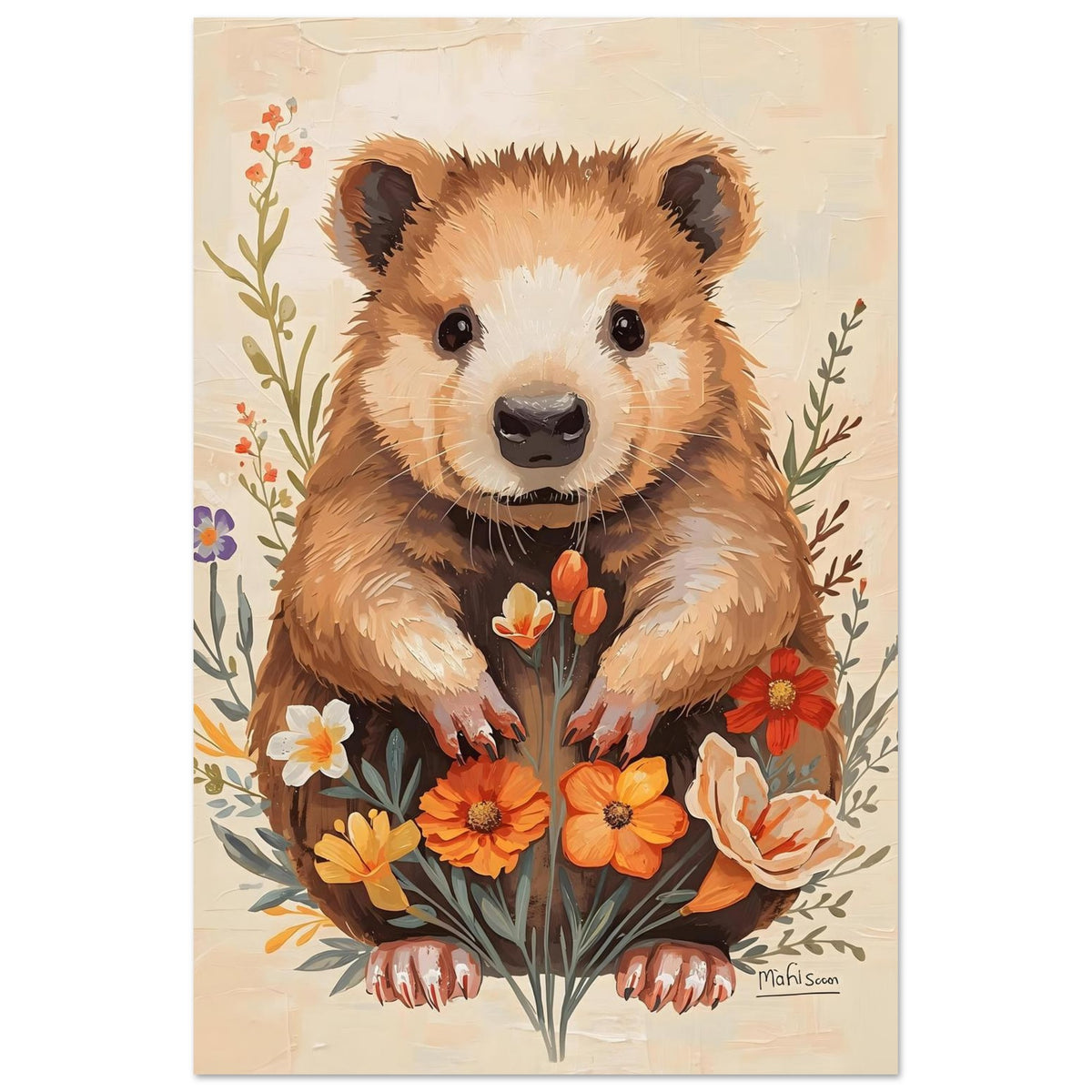 Charming Wildflower Critter Fine Art Poster in Warm Earthy Tones 40x60 cm 16x24″